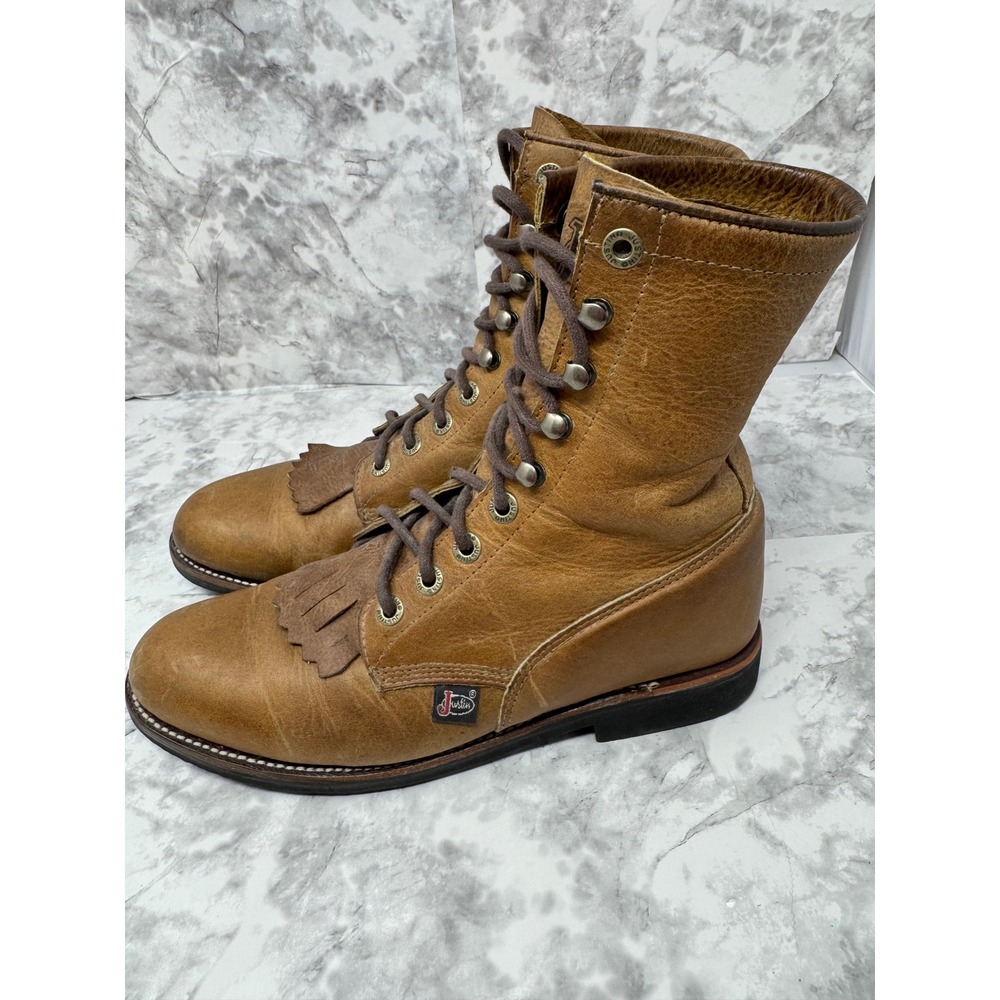 Justin Boots 🦋🤎🦋 Tan Leather Lace Up Kiltie Western festival boots -7 - Picture 2 of 8